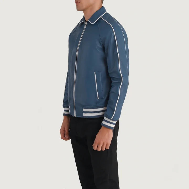Blue jacket with white accents on a plain background