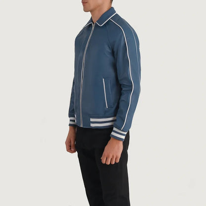 Blue jacket with white accents on a plain background