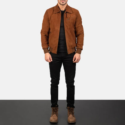 Man wearing a brown suede jacket, black pants, and brown boots on a white background