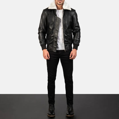 Man wearing a black leather jacket with shearling lining on a white background
