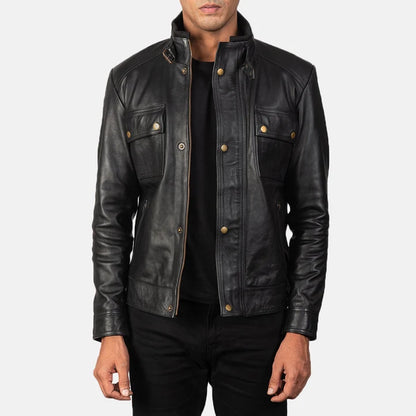 Black leather jacket worn by a person on a white background