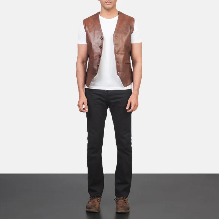 men brown leather vest