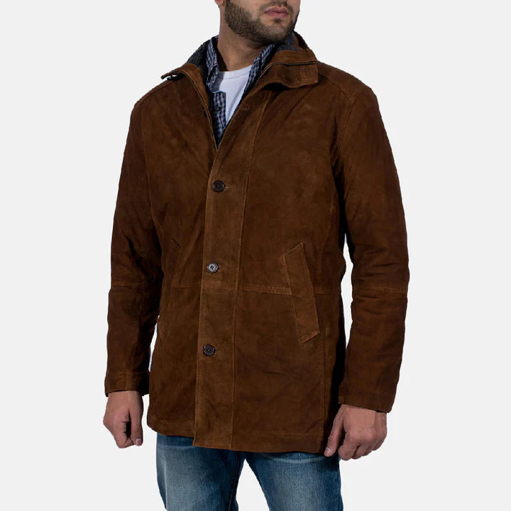 Brown suede jacket worn by a person on a white background