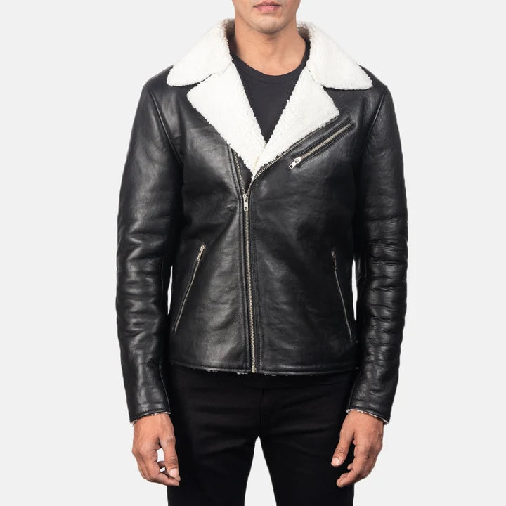 Black leather jacket with white fur collar worn by a person on a white background
