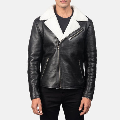 Black leather jacket with white fur collar worn by a person on a white background