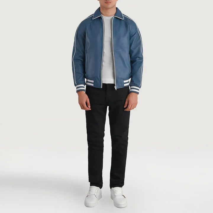 Person wearing a blue jacket with white stripes, black pants, and white shoes on a light gray background