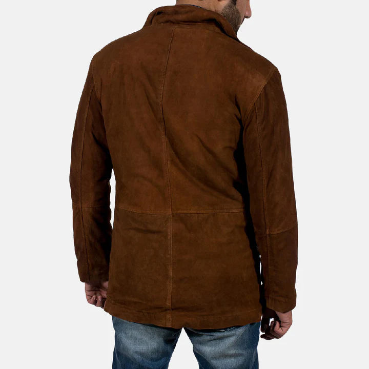 Brown suede jacket worn by a person on a white background