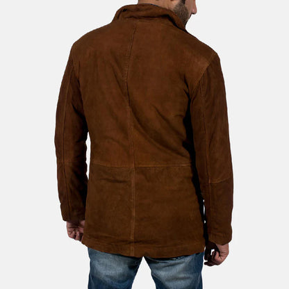 Brown suede jacket worn by a person on a white background