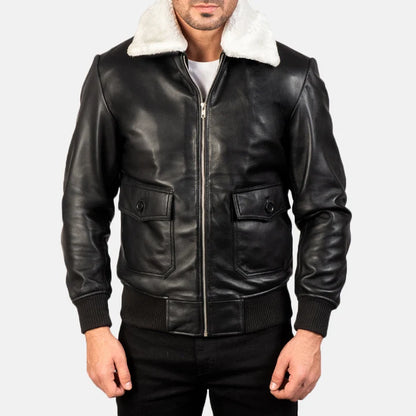 Black leather jacket with white fur lining on a plain background