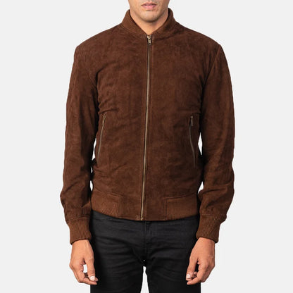 Brown suede jacket worn by a person on a white background