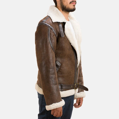 Brown leather jacket with white fur lining on a white background