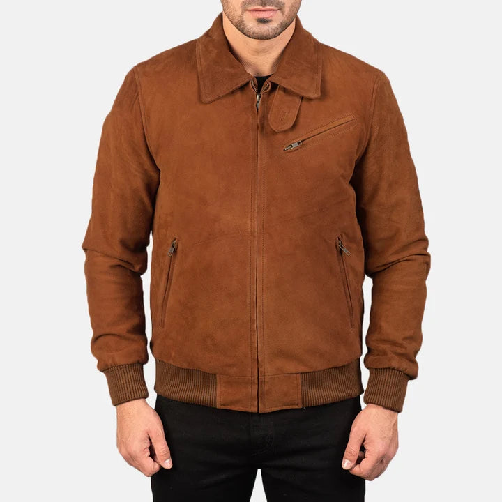 Brown suede jacket worn by a person on a white background