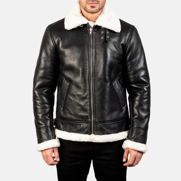 Francis Men Black & White Leather Bomber Jacket