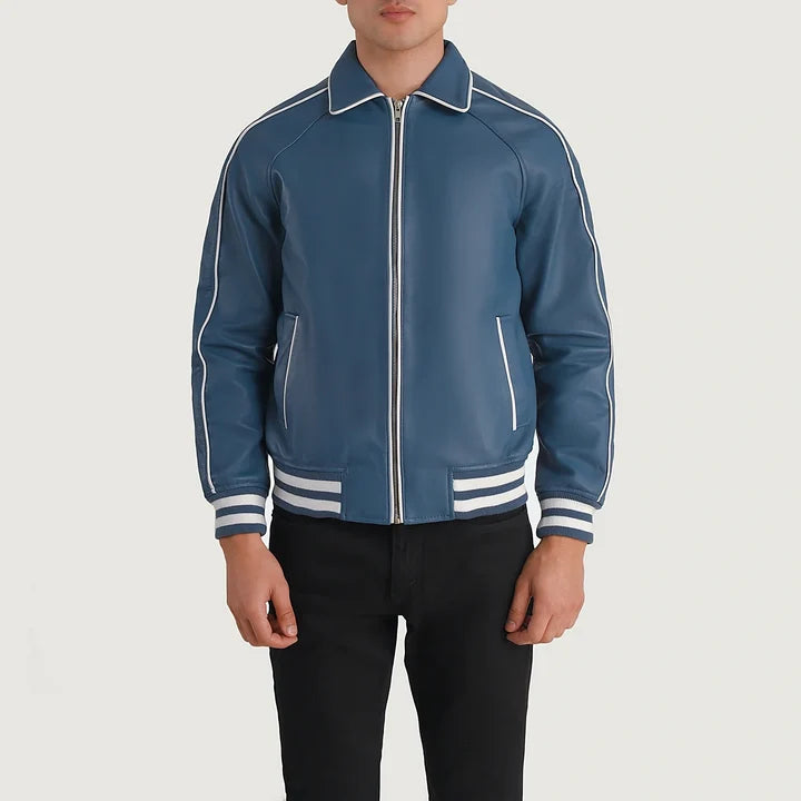 Blue jacket with white accents worn by a person on a light gray background