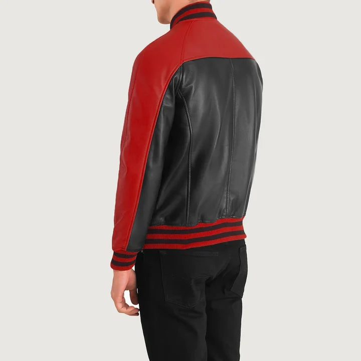 Red and black leather jacket worn by a person on a light gray background