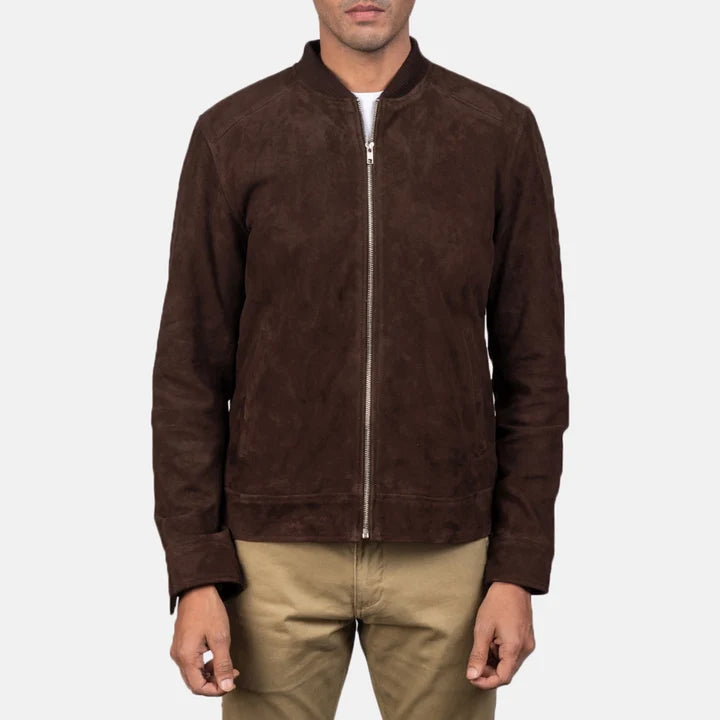 Brown suede jacket worn by a person on a white background