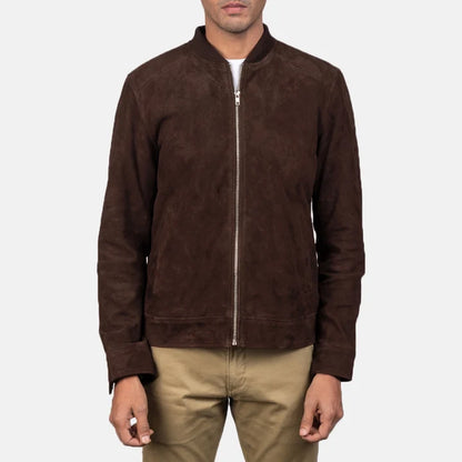 Brown suede jacket worn by a person on a white background