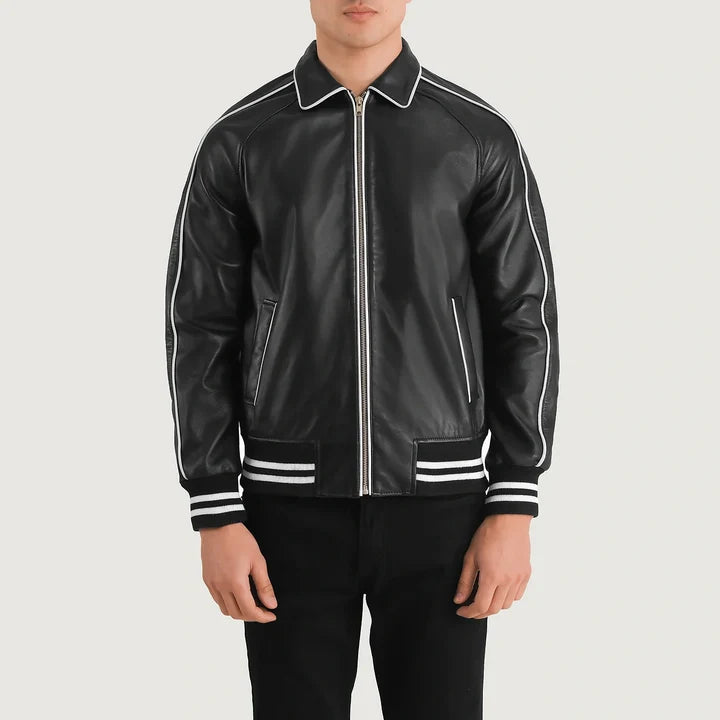 Black leather jacket with white accents on a white background