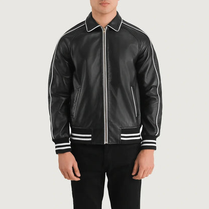 Black leather jacket with white accents on a white background
