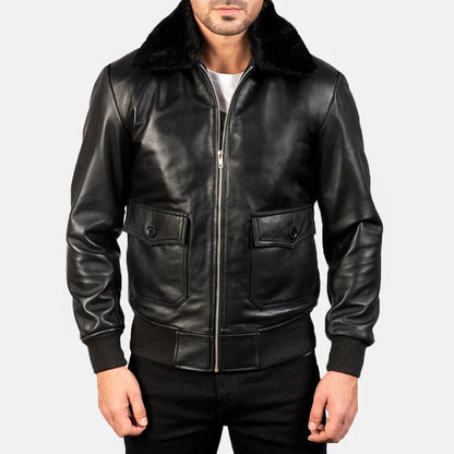 Black leather jacket with fur collar worn by a person on a white background