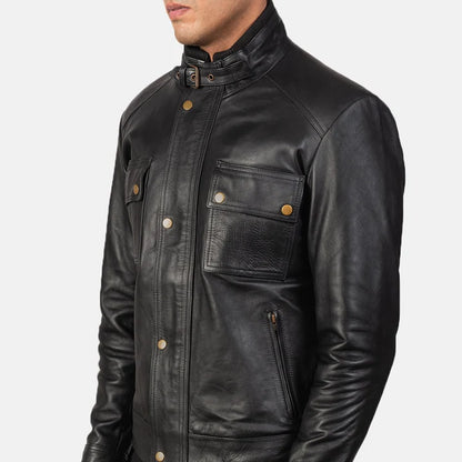 Black leather jacket with gold buttons on a white background