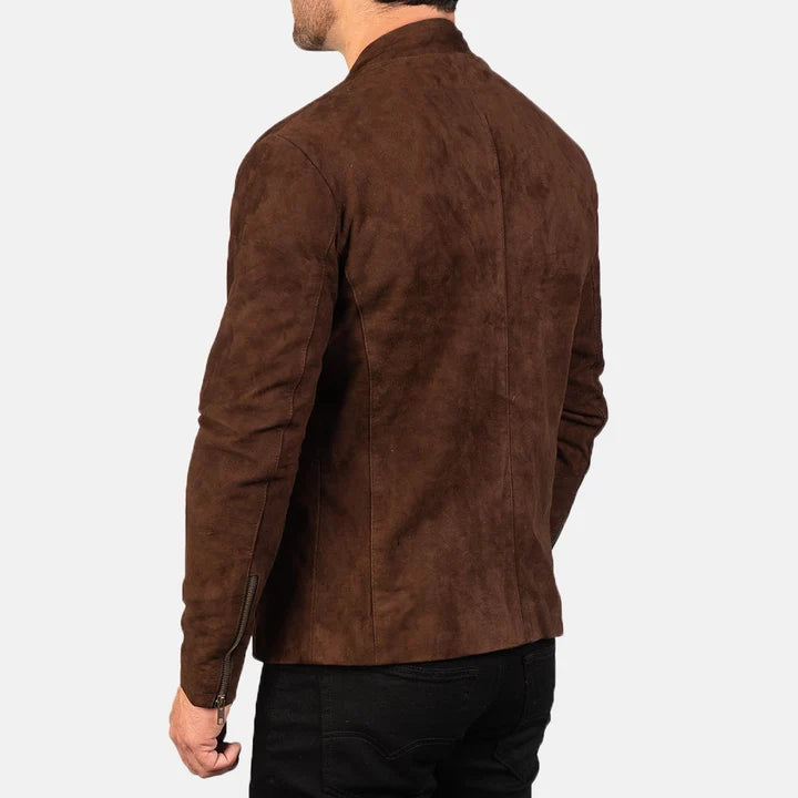 Brown suede jacket worn by a person on a white background