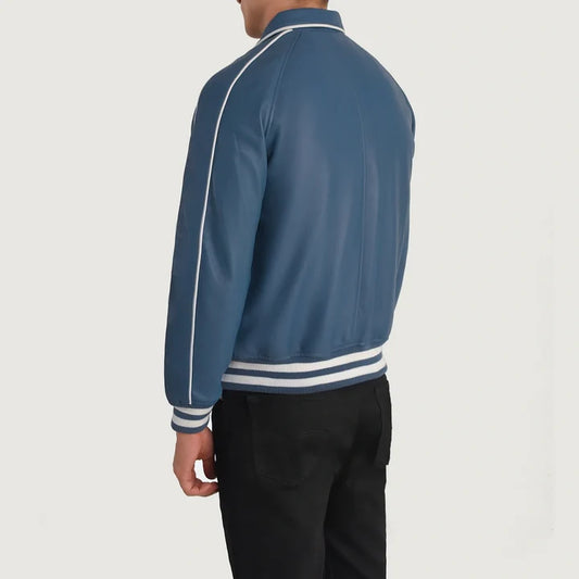 Blue jacket with white piping on a plain background
