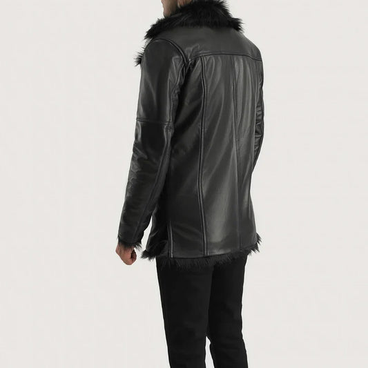 Black leather jacket with fur collar and cuffs on a white background