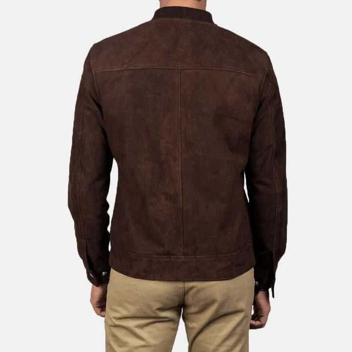 Brown suede jacket worn by a person on a white background