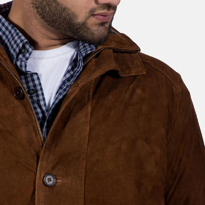 Brown jacket worn by a person with a white background