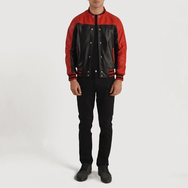 Person wearing a red and black varsity jacket on a white background