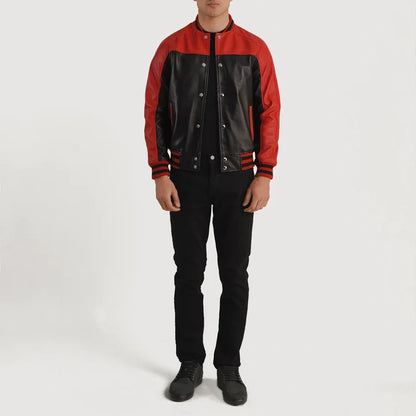 Person wearing a red and black varsity jacket on a white background