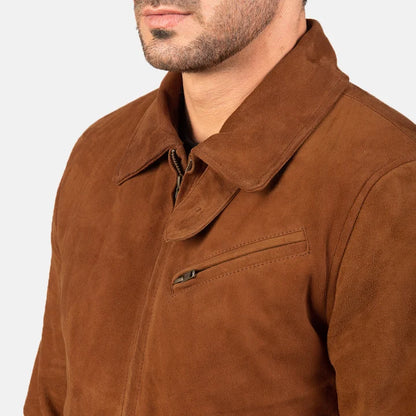 Brown suede jacket worn by a person on a plain background