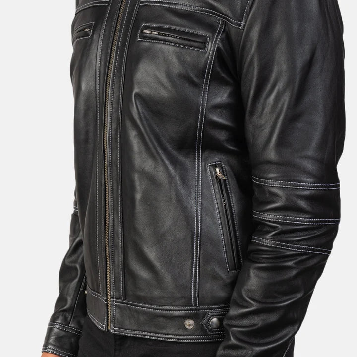 Black leather jacket on a white background