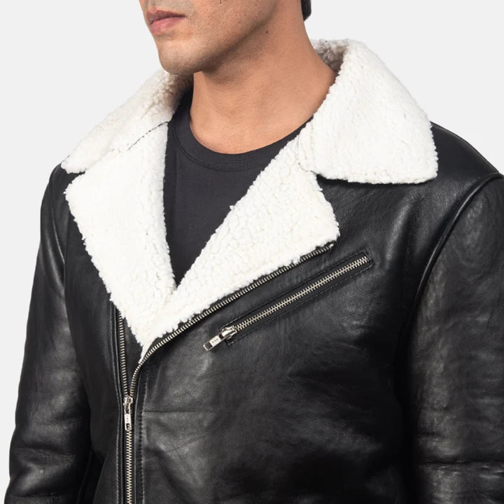 Black leather jacket with white fur collar on a plain background