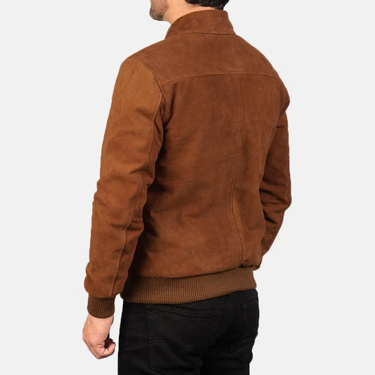 Brown suede jacket worn by a person on a white background