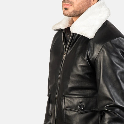 Black leather jacket with white fur lining on a white background