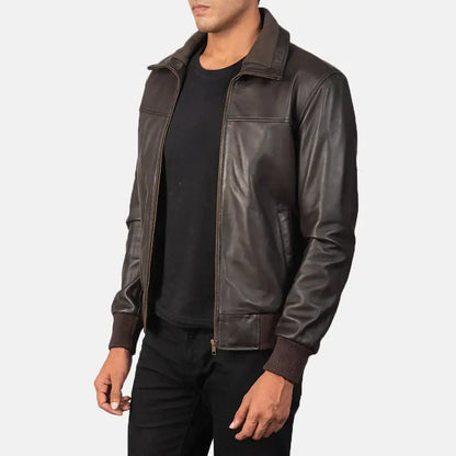 Men Brown Leather Bomber Jacket