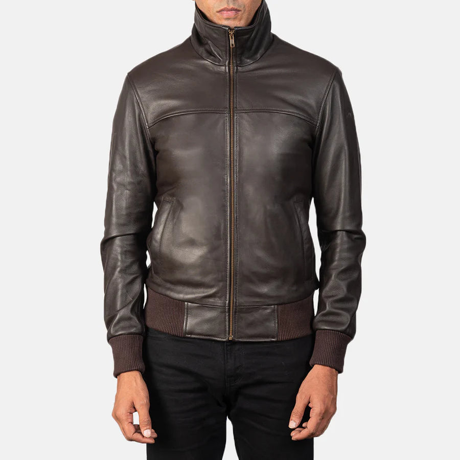 Men Brown Leather Bomber Jacket
