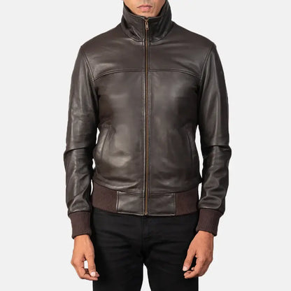 Men Brown Leather Bomber Jacket