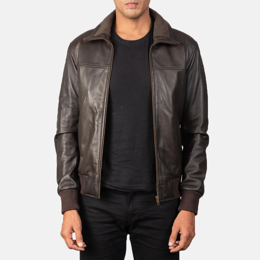 Men Brown Leather Bomber Jacket