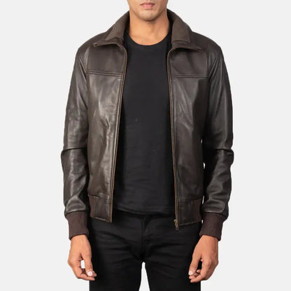 Men Brown Leather Bomber Jacket