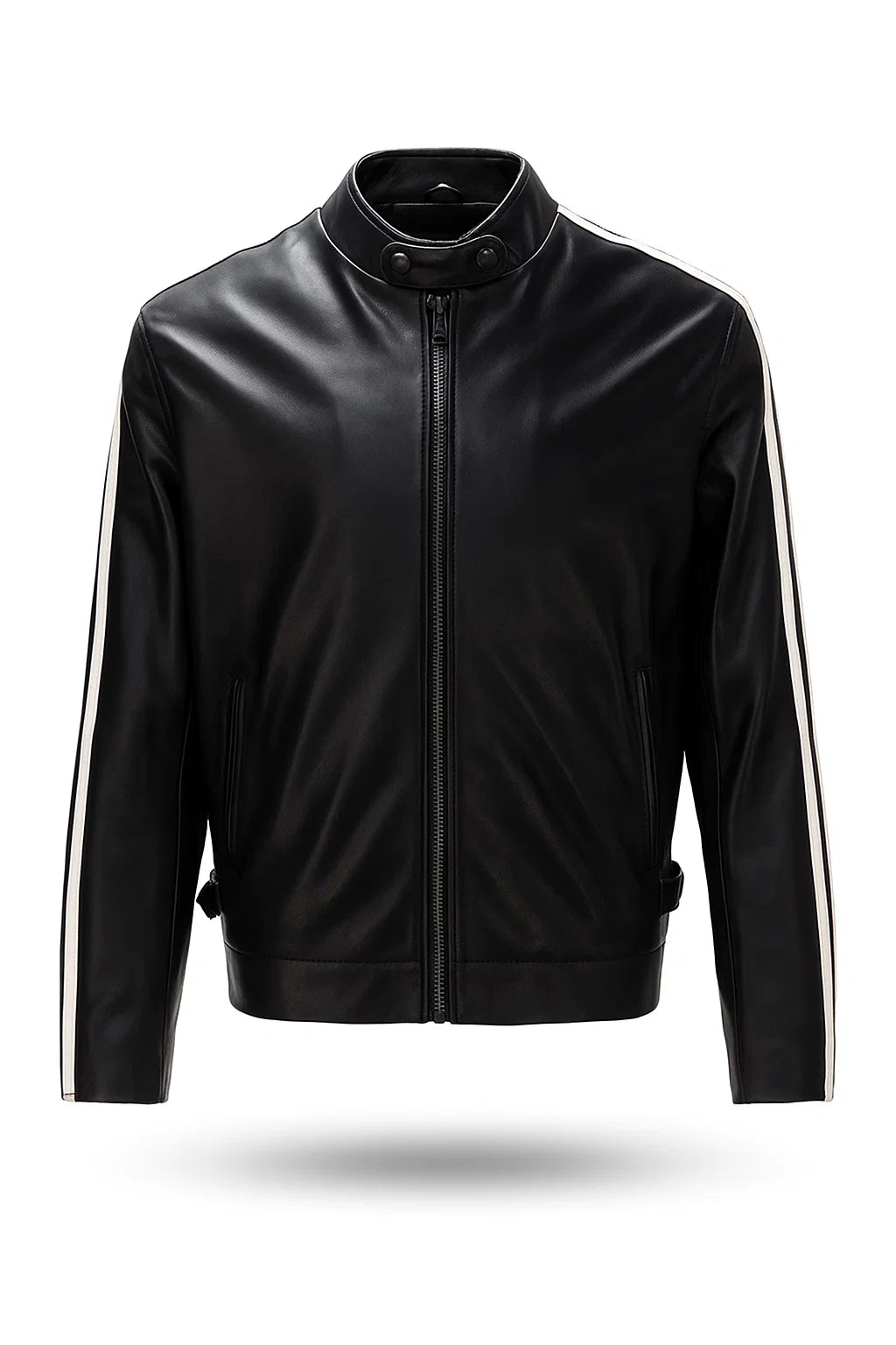 Velocita Men's Black Cafe Racer Jacket with White Stripes