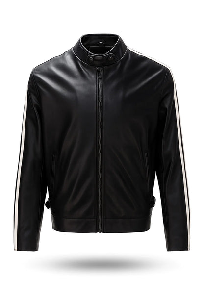 Velocita Men's Black Cafe Racer Jacket with White Stripes