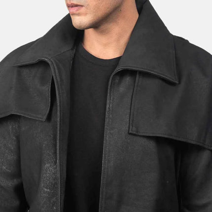 Men's Classic Distressed Black Leather Duster