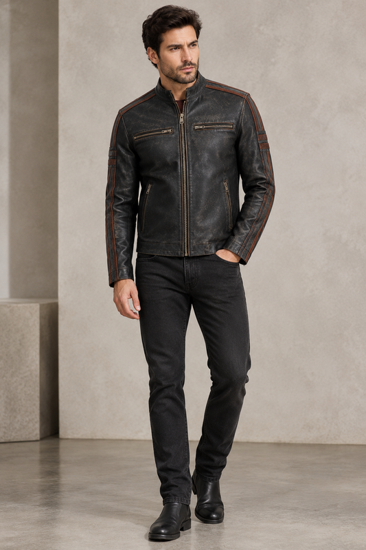 Cortano Brown Cafe Racer Leather Jacket for Men