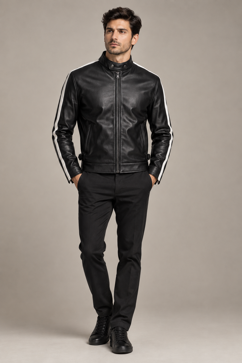 Velocita Men's Black Cafe Racer Jacket with White Stripes