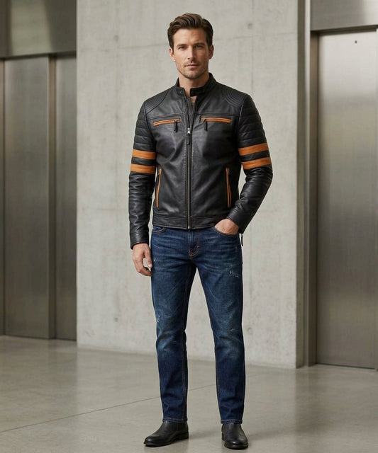 Harlan Striped Black Leather Racer Jacket