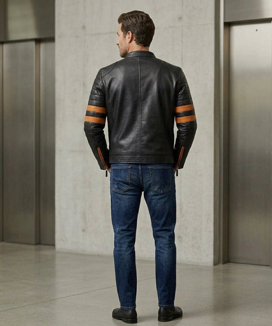 Harlan Striped Black Leather Racer Jacket