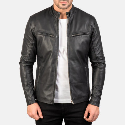 Black leather jacket worn by a person on a white background